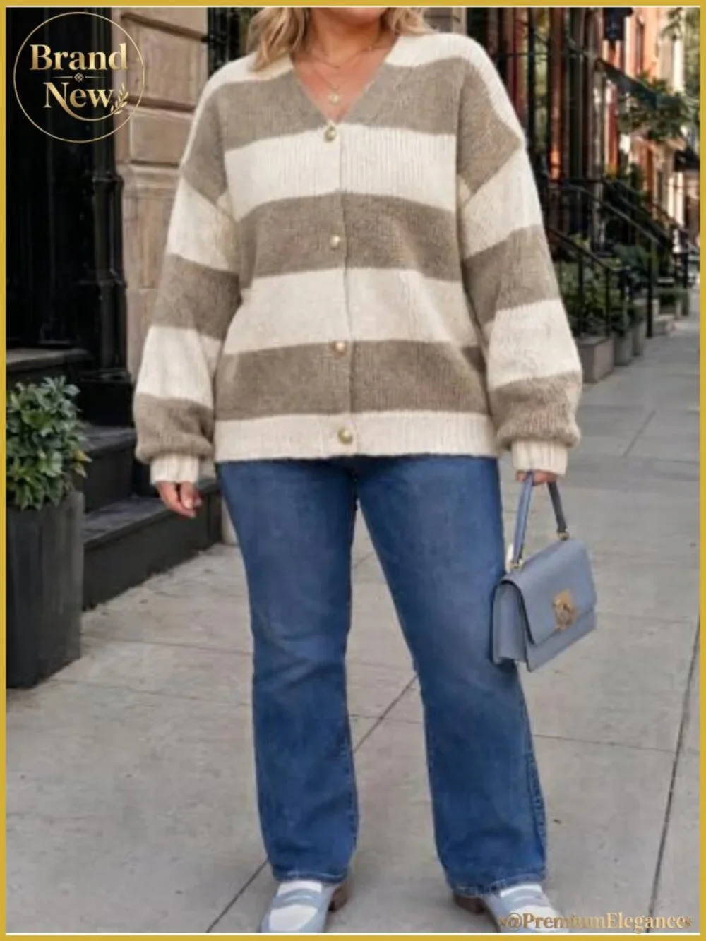 Striped Open Front Cardigan Sweater V Neck Batwing Sleeve Knit